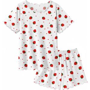 Arshiner Girls Pajama Set Short Sleeve Lounge Set Soft Shirring Summer Sleepwear Pj Sets(Strawberry)