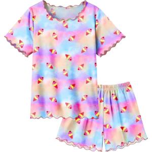 Arshiner Girls Pajama Set Short Sleeve Lounge Set Soft Shirring Summer Sleepwear Pj Sets(Tie-dye Ice Cream)