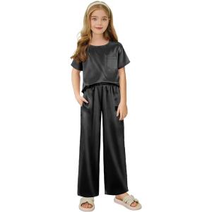 Arshiner Girls’ Pajama Sets Satin Pajamas Soft Silk Pjs Short Sleeve Lounge Set Sleepwear(Black)