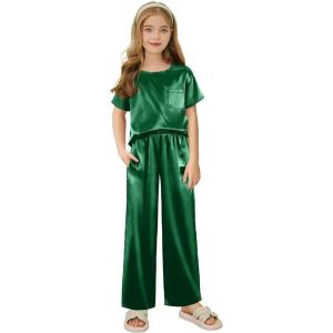 Arshiner Girls’ Pajama Sets Satin Pajamas Soft Silk Pjs Short Sleeve Lounge Set Sleepwear(Dark Green)