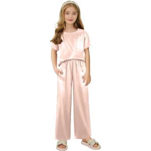 Arshiner Girls’ Pajama Sets Satin Pajamas Soft Silk Pjs Short Sleeve Lounge Set Sleepwear(Light Pink)