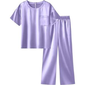 Arshiner Girls’ Pajama Sets Satin Pajamas Soft Silk Pjs Short Sleeve Lounge Set Sleepwear(Light Purple)