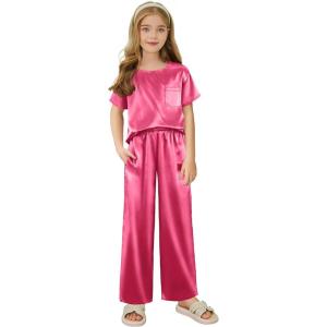 Arshiner Girls’ Pajama Sets Satin Pajamas Soft Silk Pjs Short Sleeve Lounge Set Sleepwear(Rose Red)