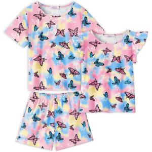 Arshiner Girls Pajamas Set Short Sleeve Pjs Sleepwear 3PCS Summer Lounge Sets Nightwear(Butterfly Tie-dye)