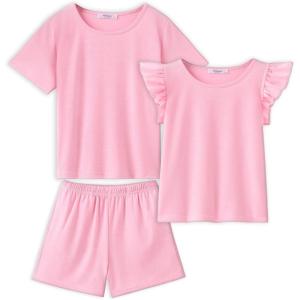 Arshiner Girls Pajamas Set Short Sleeve Pjs Sleepwear 3PCS Summer Lounge Sets Nightwear(Pink)