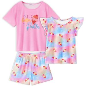 Arshiner Girls Pajamas Set Short Sleeve Pjs Sleepwear 3PCS Summer Lounge Sets Nightwear(Tie-dye Ice Cream)