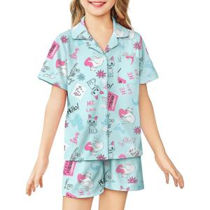 Arshiner Girls Pajamas Sets Short Sleeve Kids Pjs Button Down Sleepwear for 4-13Y(Blue Cat)