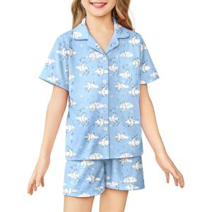 Arshiner Girls Pajamas Sets Short Sleeve Kids Pjs Button Down Sleepwear for 4-13Y(Blue Moon)