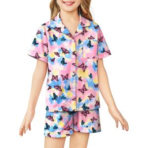 Arshiner Girls Pajamas Sets Short Sleeve Kids Pjs Button Down Sleepwear for 4-13Y(Butterfly Tie-dye)