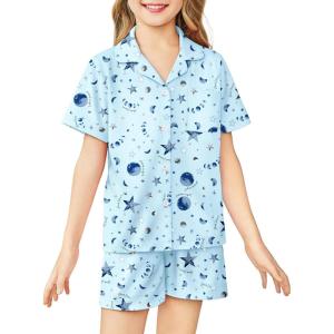 Arshiner Girls Pajamas Sets Short Sleeve Kids Pjs Button Down Sleepwear for 4-13Y(Light Blue Stars)