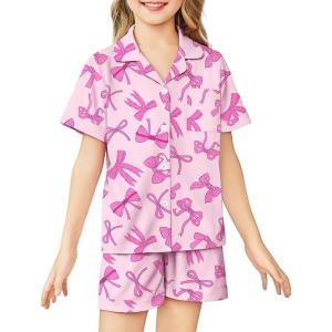 Arshiner Girls Pajamas Sets Short Sleeve Kids Pjs Button Down Sleepwear for 4-13Y(Pink Bow)