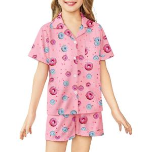 Arshiner Girls Pajamas Sets Short Sleeve Kids Pjs Button Down Sleepwear for 4-13Y(Pink Donut)