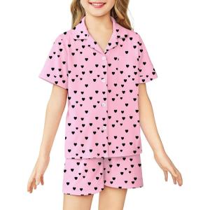 Arshiner Girls Pajamas Sets Short Sleeve Kids Pjs Button Down Sleepwear for 4-13Y(Pink Heart)