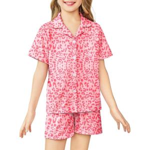 Arshiner Girls Pajamas Sets Short Sleeve Kids Pjs Button Down Sleepwear for 4-13Y(Pink Leopard)