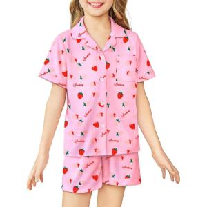 Arshiner Girls Pajamas Sets Short Sleeve Kids Pjs Button Down Sleepwear for 4-13Y(Pink Strawberry)