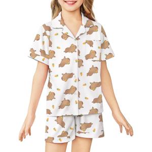 Arshiner Girls Pajamas Sets Short Sleeve Kids Pjs Button Down Sleepwear for 4-13Y(White Cartoon)