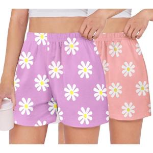 Arshiner Girls Pajamas Shorts Casual Summer Lounge Sleep Pj 2-Pack Plaid Shorts Beach Bottoms(Pink & Purple Flowers)