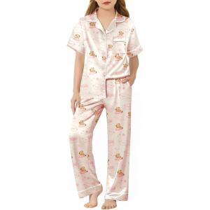 Arshiner Girls Pajamas Silk Satin Button Down Pjs 2 Piece Short Sleeve Sleepwear Set(Apricot Teddy)