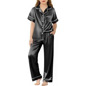 Arshiner Girls Pajamas Silk Satin Button Down Pjs 2 Piece Short Sleeve Sleepwear Set(Black)