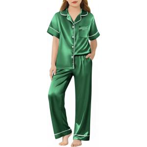 Arshiner Girls Pajamas Silk Satin Button Down Pjs 2 Piece Short Sleeve Sleepwear Set(Dark Green)