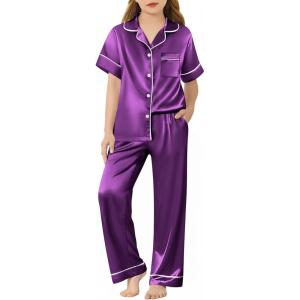 Arshiner Girls Pajamas Silk Satin Button Down Pjs 2 Piece Short Sleeve Sleepwear Set(Dark Purple)