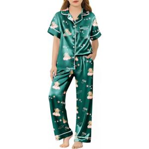 Arshiner Girls Pajamas Silk Satin Button Down Pjs 2 Piece Short Sleeve Sleepwear Set(Green Teddy)