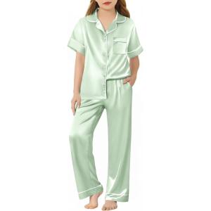 Arshiner Girls Pajamas Silk Satin Button Down Pjs 2 Piece Short Sleeve Sleepwear Set(Light Green)