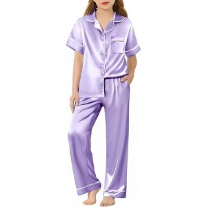 Arshiner Girls Pajamas Silk Satin Button Down Pjs 2 Piece Short Sleeve Sleepwear Set(Light Purple)