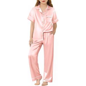 Arshiner Girls Pajamas Silk Satin Button Down Pjs 2 Piece Short Sleeve Sleepwear Set(Lotus Root Pink)