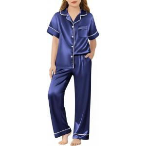 Arshiner Girls Pajamas Silk Satin Button Down Pjs 2 Piece Short Sleeve Sleepwear Set(Navy)