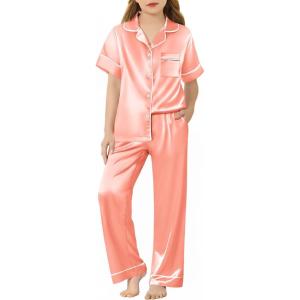 Arshiner Girls Pajamas Silk Satin Button Down Pjs 2 Piece Short Sleeve Sleepwear Set(Orange Pink)