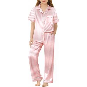 Arshiner Girls Pajamas Silk Satin Button Down Pjs 2 Piece Short Sleeve Sleepwear Set(Pink Stripe)