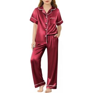 Arshiner Girls Pajamas Silk Satin Button Down Pjs 2 Piece Short Sleeve Sleepwear Set(Red)