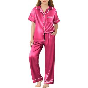 Arshiner Girls Pajamas Silk Satin Button Down Pjs 2 Piece Short Sleeve Sleepwear Set(Rose Red)
