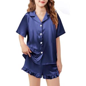 Arshiner Girls Pajamas Silk Satin Pajama Set 2 Piece Button Down Pjs Ruffle Sleepwear(Navy)