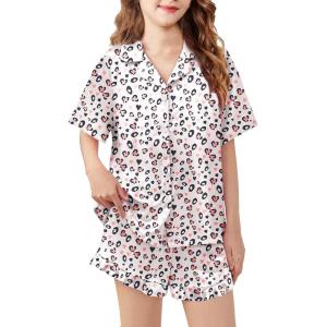 Arshiner Girls Pajamas Silk Satin Pajama Set 2 Piece Button Down Pjs Ruffle Sleepwear(White Leopard)
