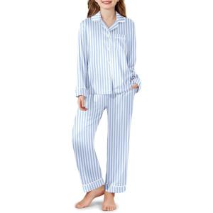 Arshiner Girls Pajamas Silk Satin Pajama Set Long Sleeve Pjs Button Down Sleepwear(Blue Stripes)