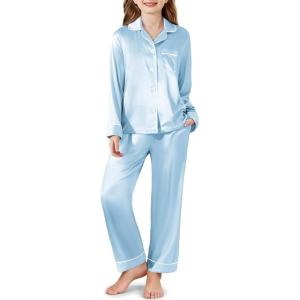 Arshiner Girls Pajamas Silk Satin Pajama Set Long Sleeve Pjs Button Down Sleepwear(Light Blue)