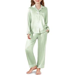 Arshiner Girls Pajamas Silk Satin Pajama Set Long Sleeve Pjs Button Down Sleepwear(Light Green)