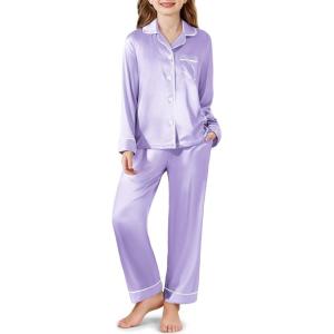 Arshiner Girls Pajamas Silk Satin Pajama Set Long Sleeve Pjs Button Down Sleepwear(Light Purple)