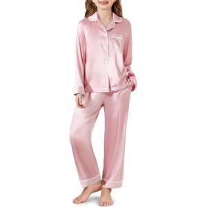 Arshiner Girls Pajamas Silk Satin Pajama Set Long Sleeve Pjs Button Down Sleepwear(Lotus Root Pink)