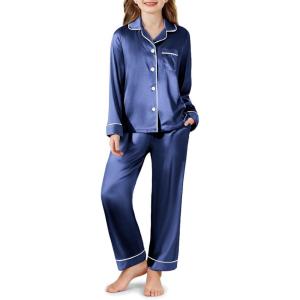 Arshiner Girls Pajamas Silk Satin Pajama Set Long Sleeve Pjs Button Down Sleepwear(Navy White)