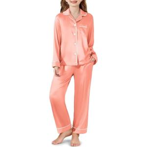 Arshiner Girls Pajamas Silk Satin Pajama Set Long Sleeve Pjs Button Down Sleepwear(Orange Pink)