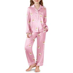 Arshiner Girls Pajamas Silk Satin Pajama Set Long Sleeve Pjs Button Down Sleepwear(Pink Teddy)