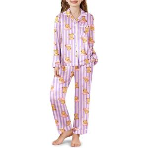 Arshiner Girls Pajamas Silk Satin Pajama Set Long Sleeve Pjs Button Down Sleepwear(Purple Stripes Teddy)