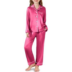 Arshiner Girls Pajamas Silk Satin Pajama Set Long Sleeve Pjs Button Down Sleepwear(Rose Red)
