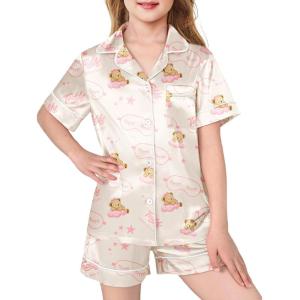 Arshiner Girls Pajamas Silk Satin Pajama Sleepwear Button Down Pj Set Loungewear(Apricot Teddy)