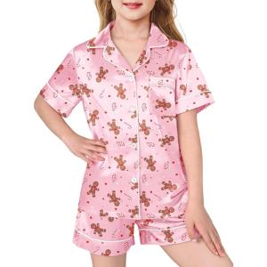 Arshiner Girls Pajamas Silk Satin Pajama Sleepwear Button Down Pj Set Loungewear(Pink Gingerbread)
