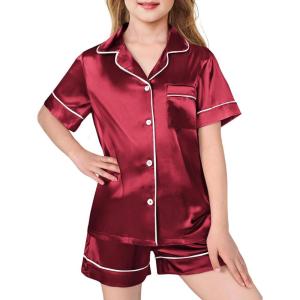 Arshiner Girls Pajamas Silk Satin Pajama Sleepwear Button Down Pj Set Loungewear(Red)