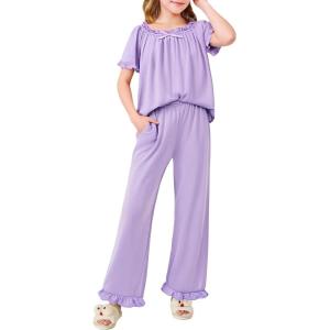 Arshiner Girls Pajamas Soft 2 Piece Pjs Sets Ruffle Short Sleeve Long Pants Sleepwear(Light Purple)